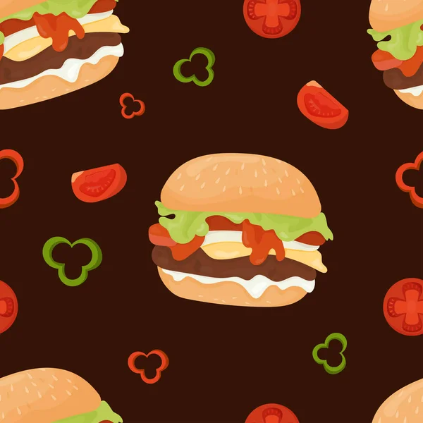 Seamless Pattern Appetizing Hamburger Black Background Slices Tomato Pepper Vector — Stock Vector