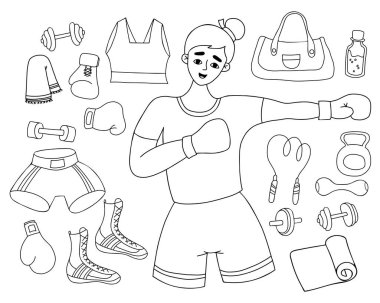 Kadın sporlarının ana hatlarını çiziyor. Mutlu kadın boksör, spor malzemeleri ve kettlebell, botlar, spor giyim, ip atlama, halat, halat ve boks eldivenleri. Tasarım için izole edilmiş doğrusal vektör çizimleri