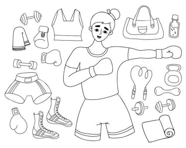 勾勒出女子运动的轮廓 快乐的女拳击手 运动器材和水壶铃 运动服 跳绳和哑铃 垫子和拳击手套 用于设计的孤立线性矢量绘图 — 图库矢量图片