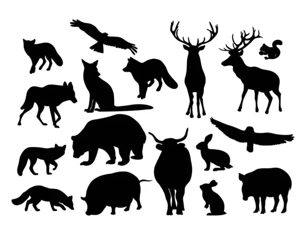 シルエット森の野生動物 捕食者や鳥を収集します ベクトルイラスト 白い背景に黒い動物のドローイングを描いた孤立した手 — ストックベクタ