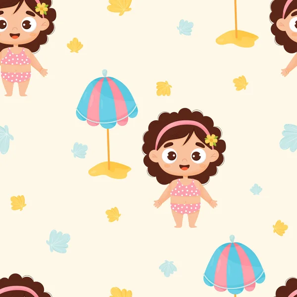 Sommer Kinder Nahtlose Muster Nettes Strandmädchen Badeanzug Mit Sonnenschirm Auf — Stockvektor