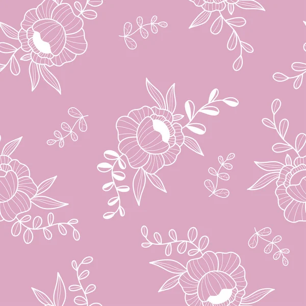花的无缝图案与开放的白色花粉红色的背景 病媒说明 纺织品 装饰用美感现代艺术线型手绘 — 图库矢量图片