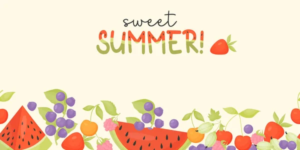 いい夏だ 夏の果実とスイカパターンのレタリングと水平シームレスな境界線の背景 ベクトルイラスト デザイン カードや印刷のための漫画スタイルのバナー — ストックベクタ