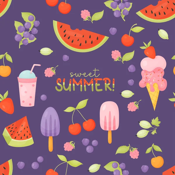 甜蜜的夏天采购产品无缝图案与甜的食物 浆果和水果 冰淇淋和紫色背景的混合物 卡通风格的矢量图解 — 图库矢量图片