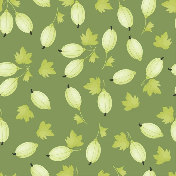 Бесшовный Рисунок Крыжовником Летняя Спелая Ягода Листьями Зеленом Фоне Векторная — стоковый вектор