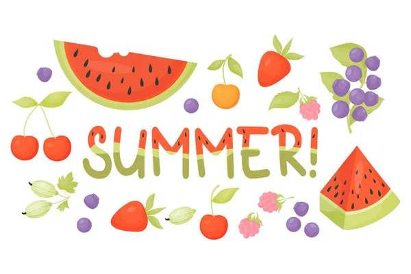夏のベリー 森と庭の果物 スイカのパターンで夏を手紙 白を基調とした漫画風の絶縁ベクトルイラスト集 — ストックベクタ