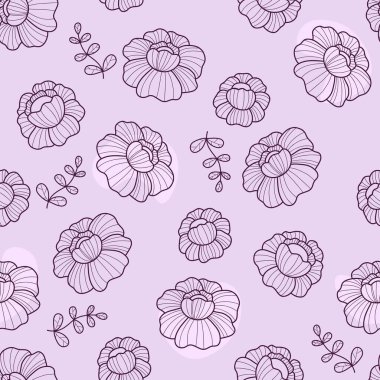 Çiçeksiz desen, açık mor arka planda doğrusal çiçek. Vektör İllüstrasyonu. Duvar kağıdı, tasarım, tekstil, ambalaj, dekor için çizilmiş estetik modern sanat eli