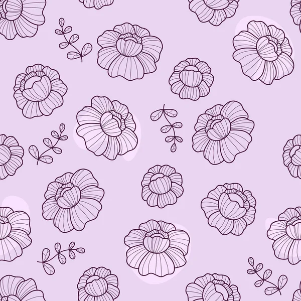 花的无缝图案 线形花 浅紫色背景 病媒说明 纺织品 装饰用美感现代艺术手绘 — 图库矢量图片
