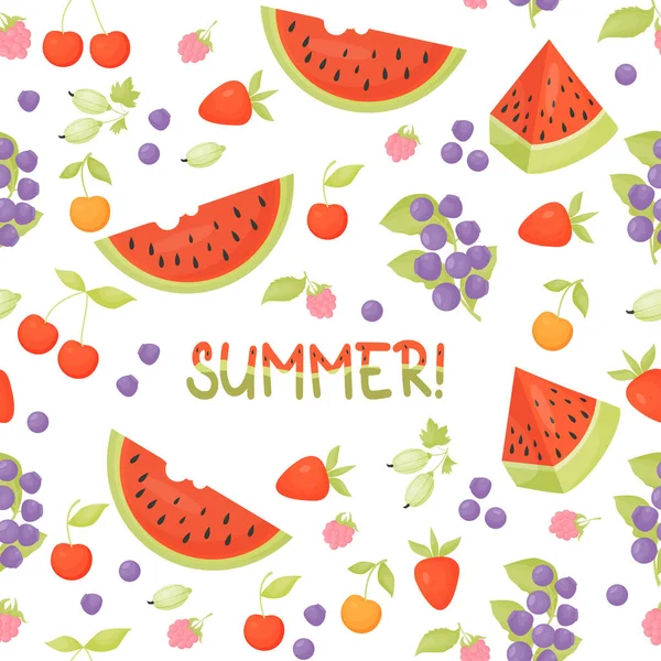 Berry Verão Sem Costura Padrão Mirtilos Silvestres Framboesas Morangos Cerejas —  Vetores de Stock