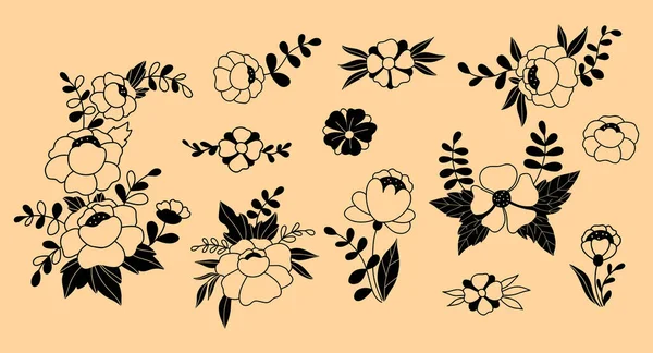 Květiny Větve Čmárají Vektorová Ilustrace Sbírat Izolované Ručně Kreslené Rostliny — Stockový vektor