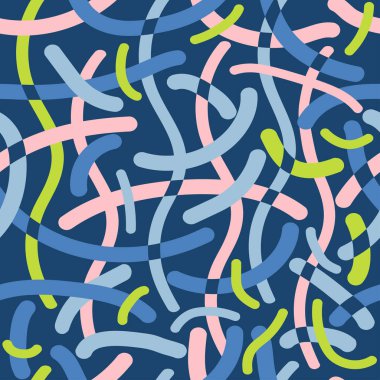 Geometrik doğrusal dikişsiz desen. Mavi arka planda dağınık renkli kıvrımlı çizgiler. Duvar kağıdı, ambalaj, tekstil, tasarım için vektör soyut illüstrasyonu