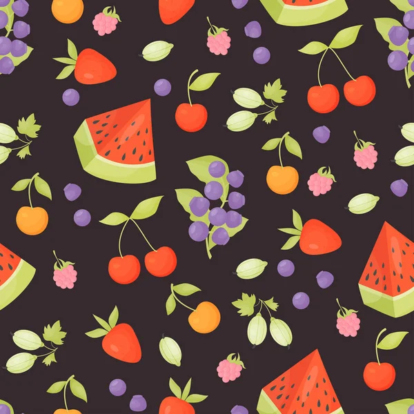 Seamless Pattern Summer Berries Fruits Forest Blueberries Raspberries Cherries Gooseberries — Stock Vector