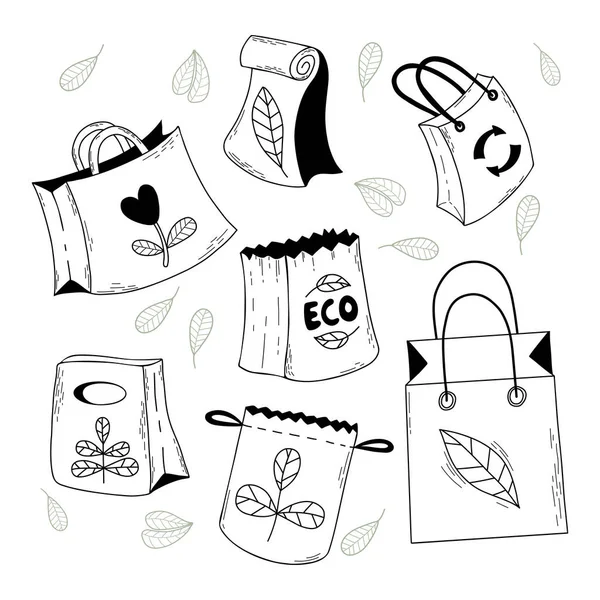 Kolekcja Ekologicznych Toreb Papierowe Paczki Zakupy Ręcznie Rysowane Bazgroły Ilustracja — Wektor stockowy