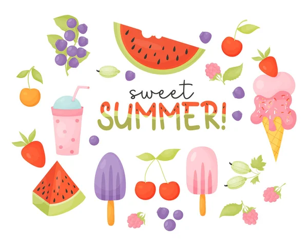 甘い夏を集める 森や庭のベリーや果物 アイスクリームやカクテル スイカのパターンで夏を手紙 漫画風のベクトルイラスト 白地に隔離された — ストックベクタ