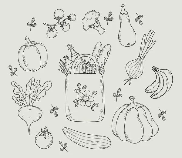 Öko Beutel Mit Lebensmitteln Und Sammelgemüse Vereinzelte Vektorumrisse Zeichnen Papiertüte — Stockvektor