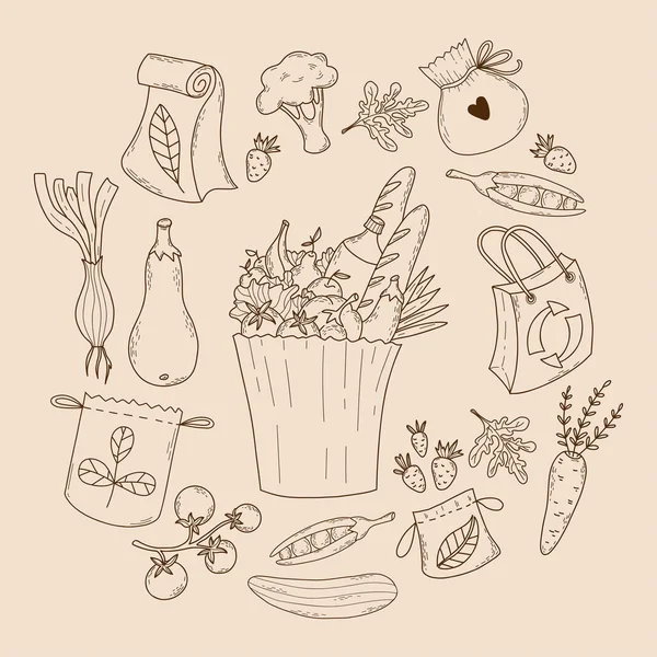 收集带有食物 蔬菜和纸袋的环保袋 孤立的病媒轮廓手绘产品和包装袋 — 图库矢量图片