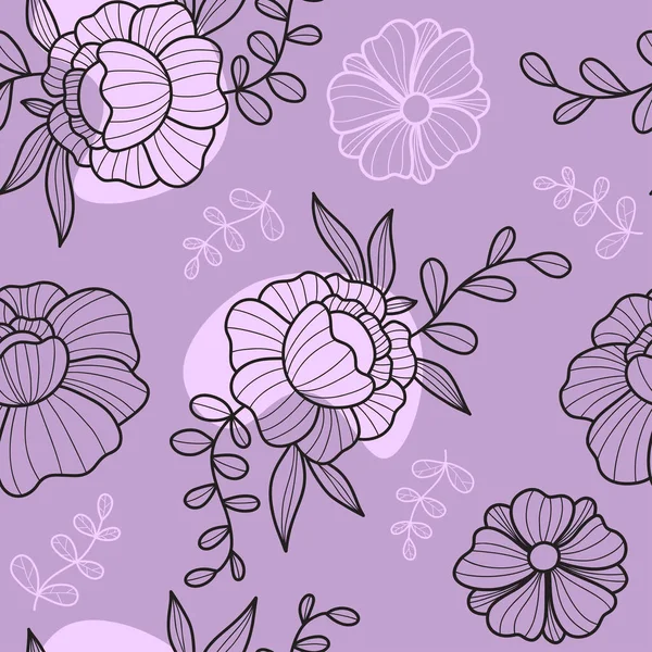 Floral seamless pattern with flower on purple background. Vector Illustration. Modern pattern with linear hand drawn plant for wallpaper, design, textile, packaging, decor