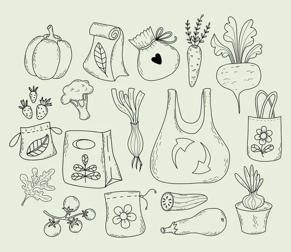 Sacs Écologiques Sacs Papier Réutilisables Légumes Fruits Illustration Vectorielle Dessins — Image vectorielle