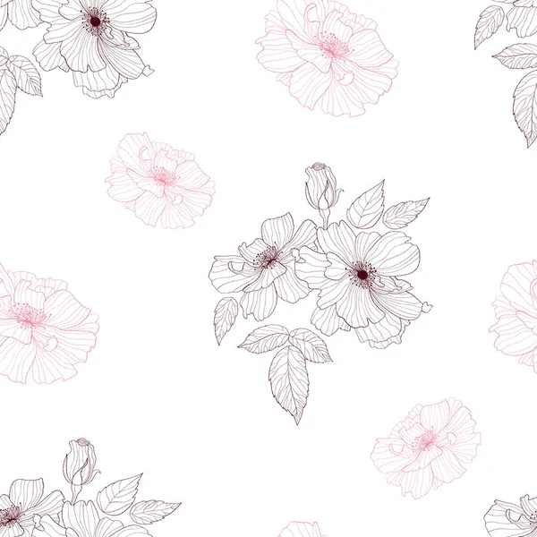 Virágos Zökkenőmentes Minta Virágzó Dekoratív Rózsa Virágok Rügyek Levelek Fehér — Stock Vector