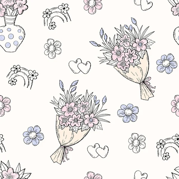 Florales Nahtloses Muster Blumenstrauß Auf Weißem Hintergrund Mit Herzen Margeriten — Stockvektor