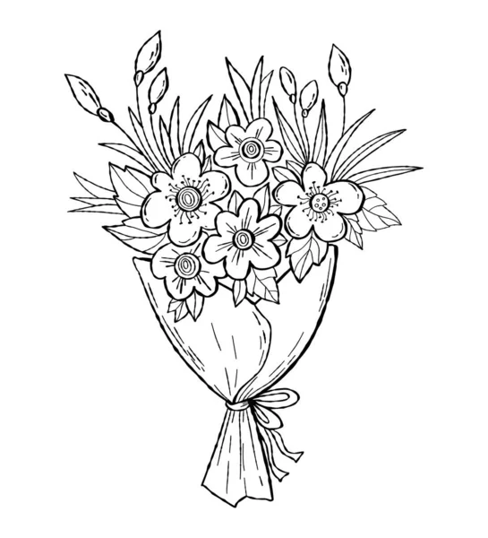 Indah Outline Karangan Bunga Vektor Ilustrasi Daisy Mekar Dengan Daun - Stok Vektor