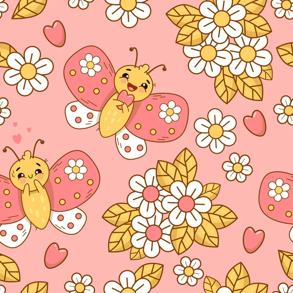 Patrón Sin Costuras Con Lindo Amor Mariposas Flores Sobre Fondo — Vector de stock