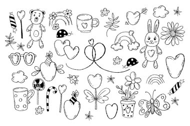 Koleksiyon tatil karalamaları. Romantik hediyeler, kalpler, peluş oyuncak ayı ve tavşan, çiçekler ve şekerler. Vektör çizimi. Tatil dekorları, partiler, doğum günleri ve sevgililer günleri için izole çizimler.