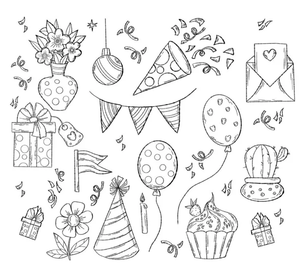 Aniversário Férias Doodles Coleção Festiva Flores Buquê Chapéu Aniversário Bolo —  Vetores de Stock
