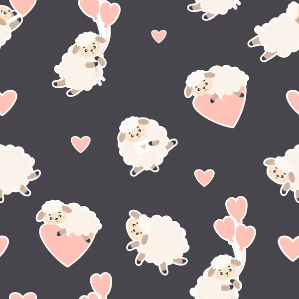 Romantisches Nahtloses Muster Niedliche Schafe Mit Luftballon Auf Schwarzem Hintergrund — Stockvektor