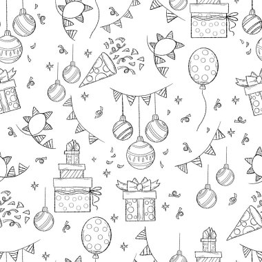 Şenlikli, kusursuz desen. Noel baloları, dekorlar, balonlar, hediyeler ve beyaz arka planda çelenkler. Duvar kağıdı, ambalaj, doğum günü, bayram, tasarım, tekstil için karalama biçimi