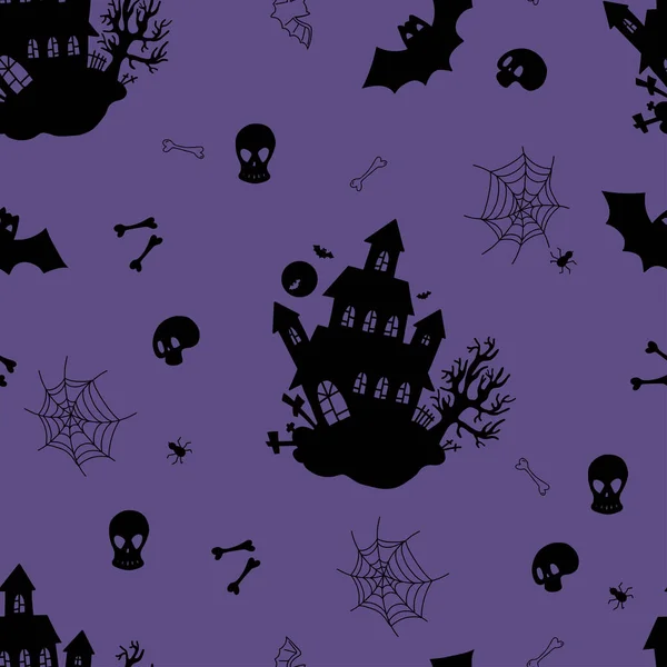 Halloween Nahtloses Muster Mit Mystisch Gruseligen Burghäuschen Auf Violettem Hintergrund — Stockvektor