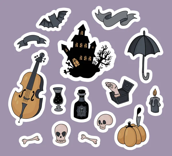 Halloween Sticker Gruseliges Mystisches Haus Mit Fledermaus Cello Rum Totenkopf — Stockvektor