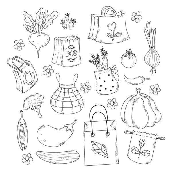 环保袋 季节性蔬菜和浆果 采购产品收集纸袋 网目和包装 矢量图解 孤立的手绘涂鸦 — 图库矢量图片