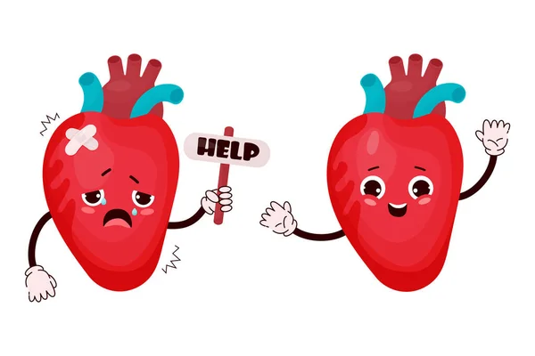 stock vector Cute cartoon heart with different emotions. Happy human organ character and sad sick crying and asking for help. Vector illustration. Mascot in cartoon style isolated on white background