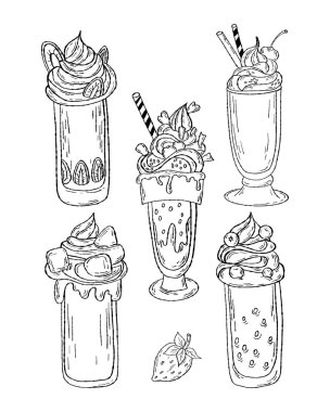 Koleksiyon ana hatları tatlı yemek tatlılar, kremalı içecekler, bardakta milkshake. Vektör çizimi. Menü tasarımı, mutfak teması, dekor ve yazdırma için izole el çizimleri