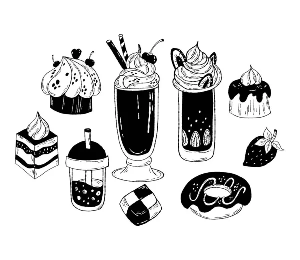 Hand Drawn Pastries Creamy Smoothie Shakes Collection Sweet Food Desserts — Stock Vector