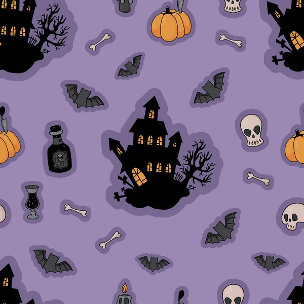 Padrão Sem Costura Mística Halloween Casa Assustador Castelo Assustador Fundo — Vetor de Stock