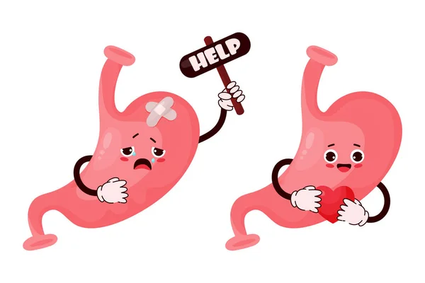 かわいい漫画の胃 幸せと不幸な病気の人間の臓器の文字のヘルプを求める 医療テーマのデザインと装飾のためのフラット漫画スタイルのベクトルイラスト — ストックベクタ