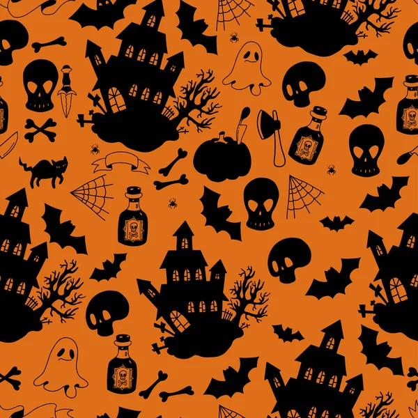 万圣节无缝隙图案 神秘恐怖的房子 橙色背景 头盖骨 黑猫和蜘蛛网 节庆设计 纺织品的矢量图解 — 图库矢量图片
