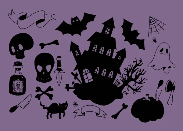 Garabatos Halloween Espeluznante Casa Mística Con Murciélago Telaraña Ron Gato — Archivo Imágenes Vectoriales