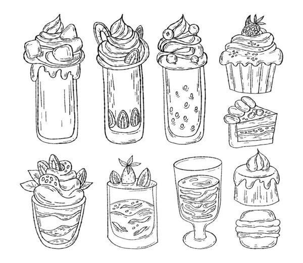 Collection Contour Aliments Sucrés Desserts Gâteaux Biscuits Muffins Pâtisseries Smoothies — Image vectorielle