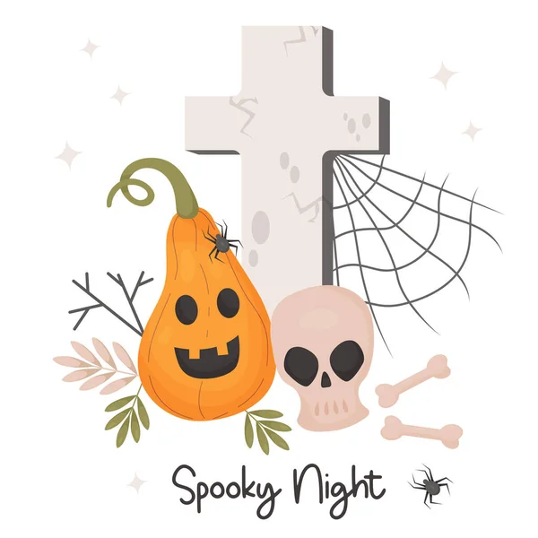 Pumpkin Jack Skull Bones Grave Cross Cobwebs Spider Halloween Card – stockvektor