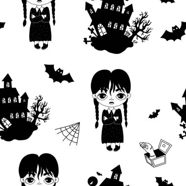 Seamless pattern Halloween with gothic girls with braids with mystical scary house, and hand thing, bats and cobwebs. Vector illustration in doodle style. kids collection clipart