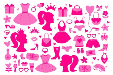 Moda pembe barbiecore koleksiyonu. Vektör çizimi. İzole edilmiş nostaljik çekici unsurlar kız prenses için aksesuarlar, tasarım için siluet 9 Mart Ulusal Barbie Günü