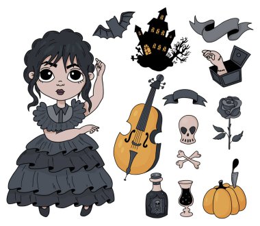 Gotik Cadılar Bayramı şirin koleksiyonu. Fantezi dansçı kız, yarasa, çello, rom, kafatası ve çapraz kemikli ürkütücü ev, balkabağı ve el zımbırtısı. Vektör çizimi. Festival tasarımı için izole edilmiş renkli çizilmiş
