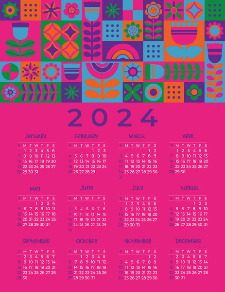Modern annual calendar 2024 Minimalistic abstract geometric colorful pattern. Vector vertical template for 12 months in English. Week starts on Sunday. Stationery, printing, organizer, decor