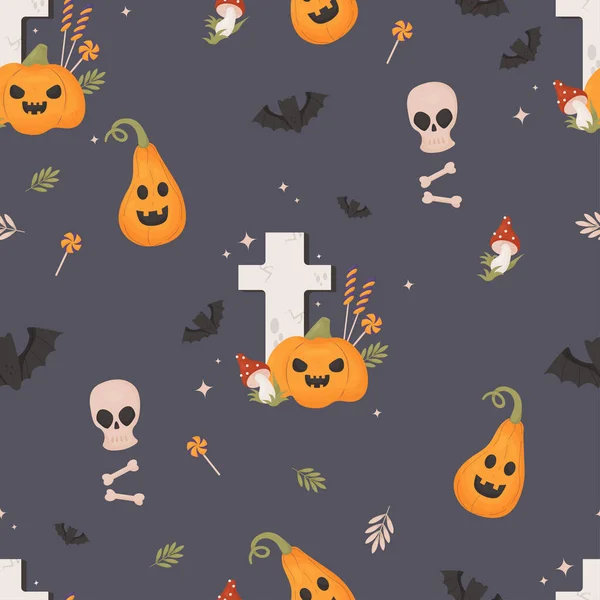 Spookachtig Halloween Naadloos Patroon Begraafplaats Kruis Met Pompoen Jack Lantaarn — Stockvector