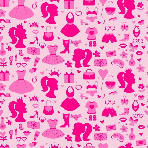 Barbiecore pembe pürüzsüz desen. Nostaljik göz kamaştırıcı şeyler moda aksesuarlar, kıyafetler, çantalar, pembe arka planda kadın portresi. Vektör çizimi. Ulusal Barbie Günü 9 Mart