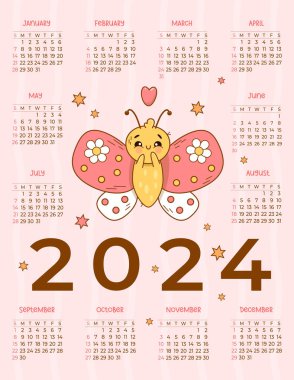 Harika yıllık takvim 2024 Pembe arka planda sevimli kelebek. 12 aylık İngilizce vektör dikey şablonu. Hafta pazar günü başlıyor. Çocuk koleksiyonu. Kırtasiye, yazdırma, düzenleyici, dekor