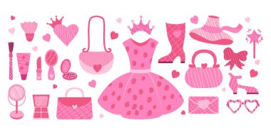 Pembe kadın estetiği. Moda bebeği Barbiecore koleksiyonu. Gösterişli aksesuarlar, kıyafetler, kozmetik ürünler, ayakkabılar, el çantası, gözlük ve kız prenses için taç. İzole Vektör dekoratif elementleri 